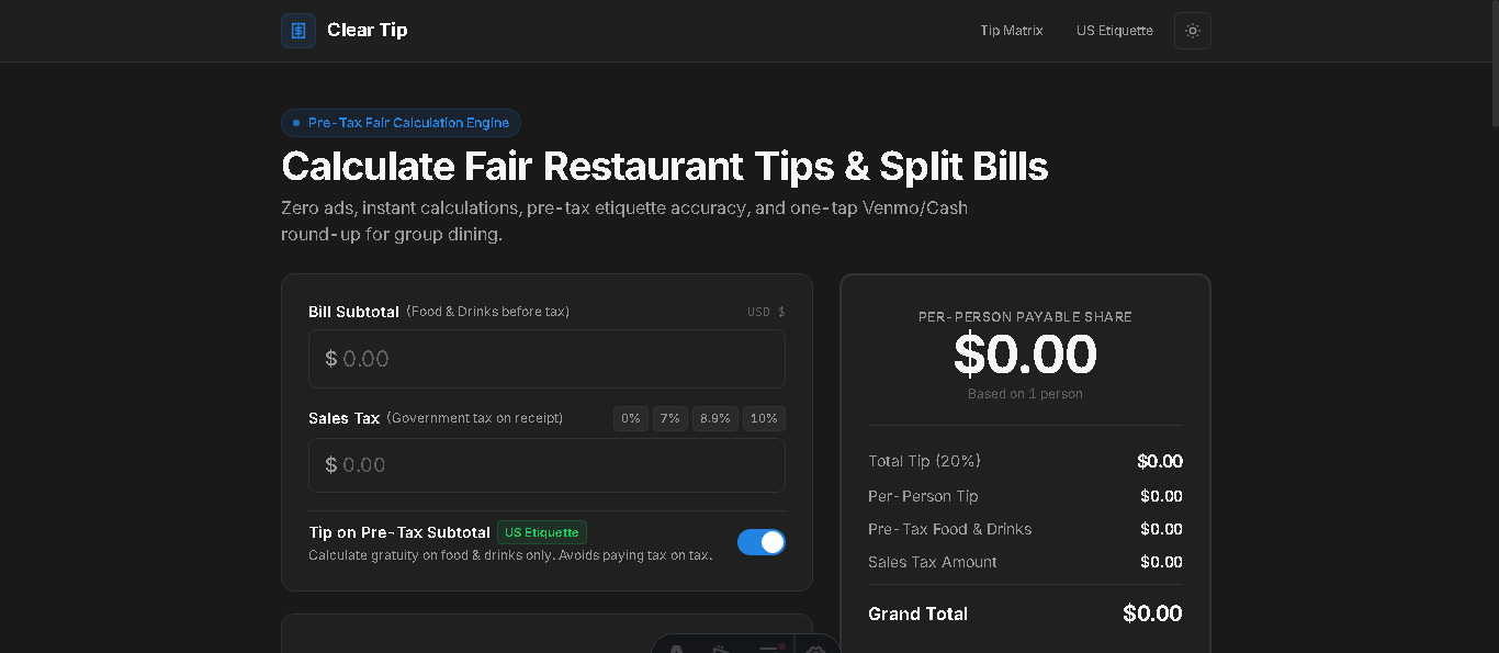 Clear Tip Calculator interface set for quick buffet bill calculation with custom percentages