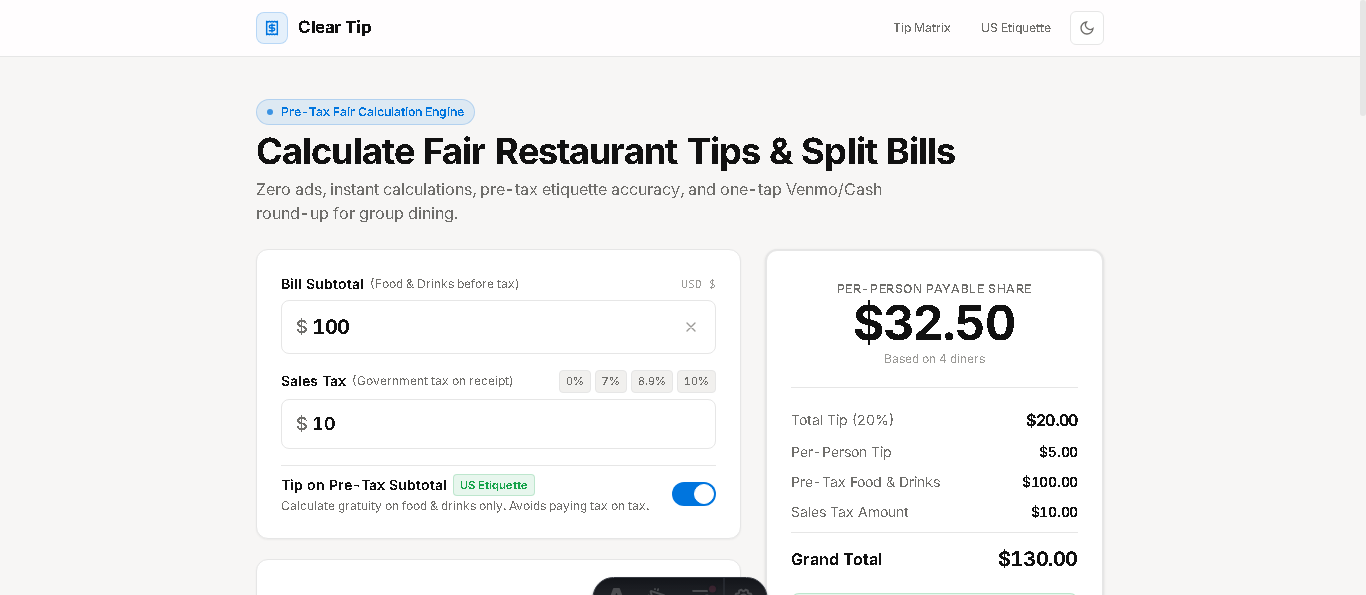 Clean transparent interface on Clear Tip Calculator contrasting with aggressive touchscreen checkout prompts