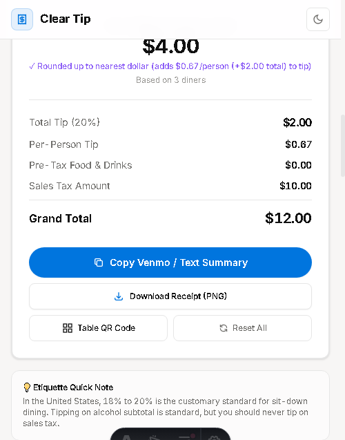 Round up to nearest dollar toggle and receipt buttons on Clear Tip Calculator mobile layout