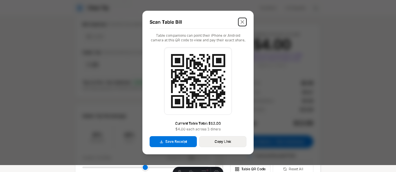 Table bill sharing and QR code modal on Clear Tip Calculator for event celebrations