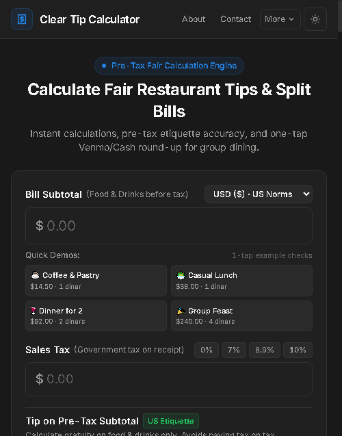 International currency selector on Clear Tip Calculator displaying regional etiquette advice and symbols