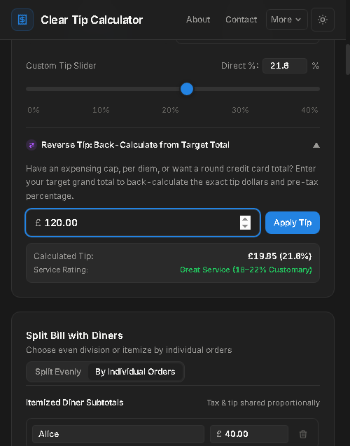 Reverse tip calculator feature on Clear Tip Calculator allowing diners to work backward from total amounts
